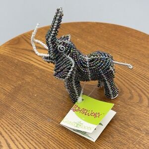 Beaded Elephant Wire Metal Iridescent Figurine Handmade Small Trunk Up Goodluck